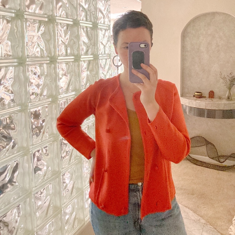 Vintage Carol Brent 100% Wool Double Breasted Orange Cardigan Jacket Medium